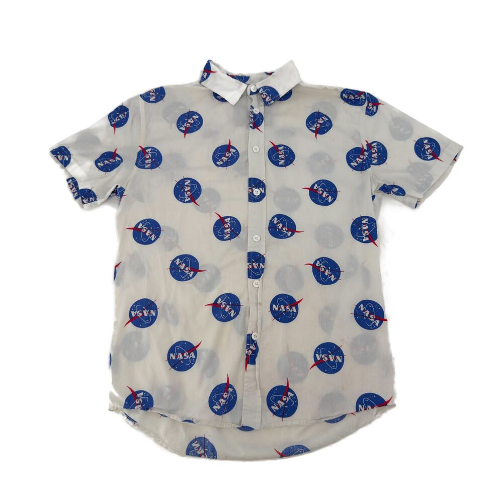 NASA Novelty All-Over Logo Print Button Up Shirt Mens Medium Short Sleeve